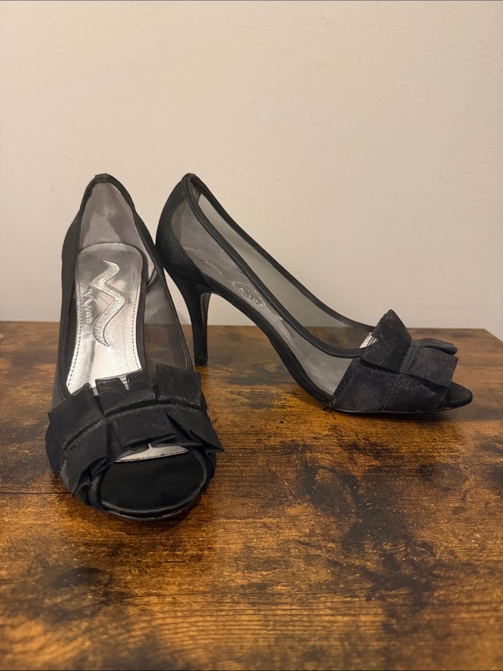 Nina Black Satin Peep-Toe Heels with Bow Accent